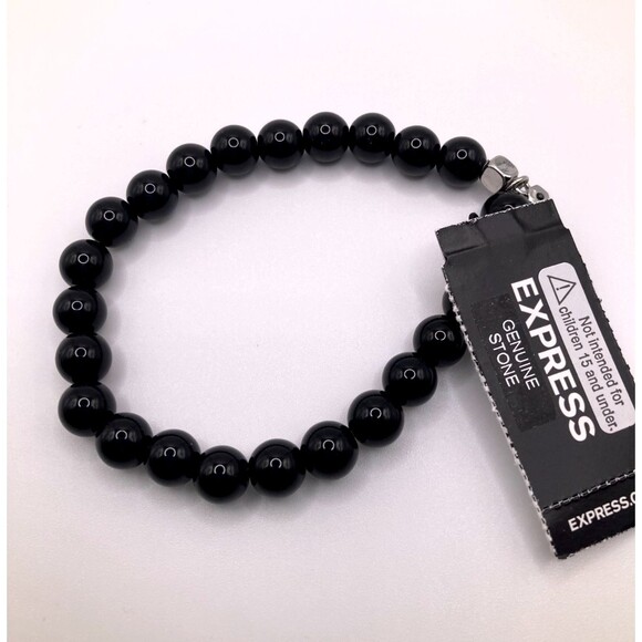 EXPRESS Unisex Genuine Stone Black Stretch Bracelet Silver Tone Accent NEW - Picture 3 of 3